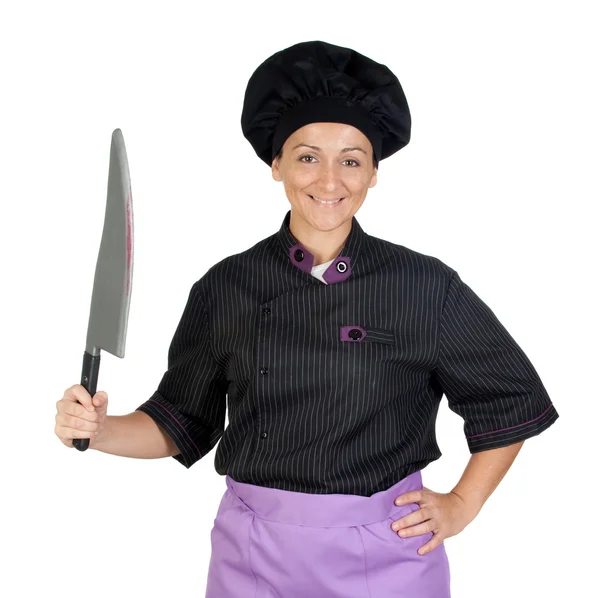Mujer cocinera bonita con cuchillo grande — Foto de Stock