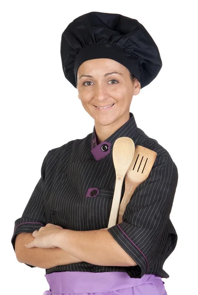 Linda chica cocinera con utensilios de cocina de madera — Foto de Stock