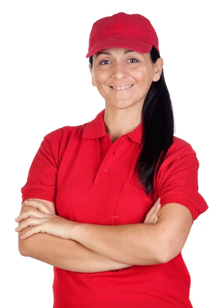 Brunette dealer met rode uniform — Stockfoto