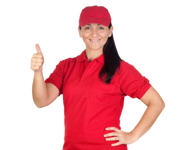 Brünette Dealerin mit roter Uniform sagt ok — Stockfoto