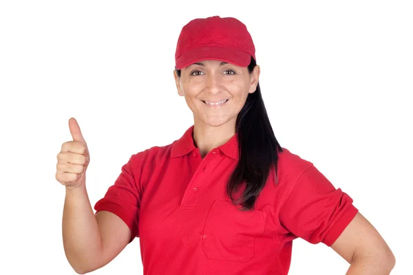 Brunette dealer with red uniform saying OK — Stock Photo, Image
