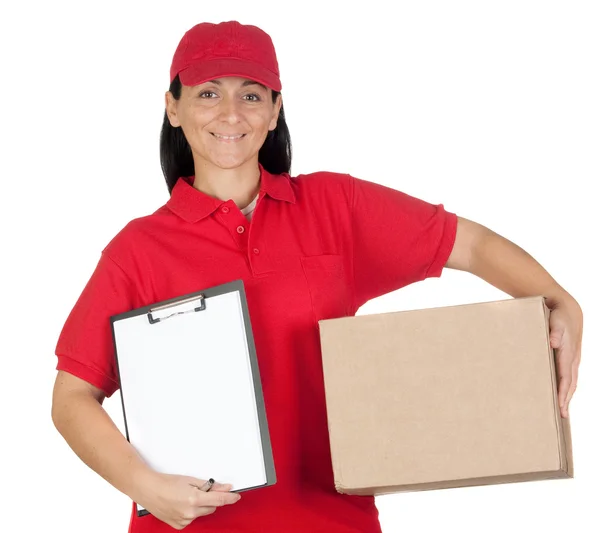Beautiful dealer with box and clipboard — Stock Photo, Image