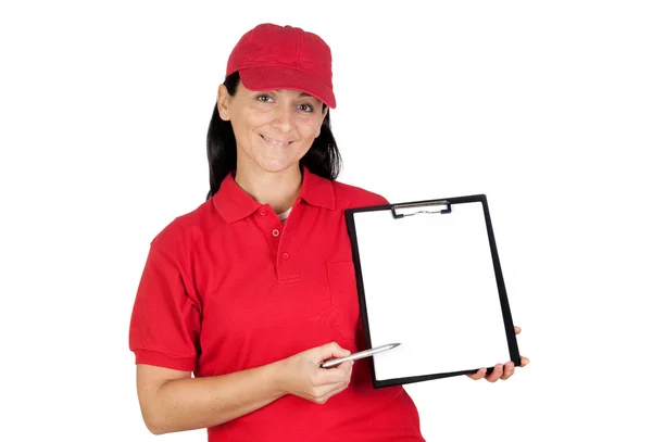 Beautiful dealer with clipboard to get the signature — Stockfoto