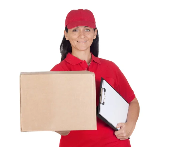 Beautiful dealer with box and clipboard — Stock Photo, Image