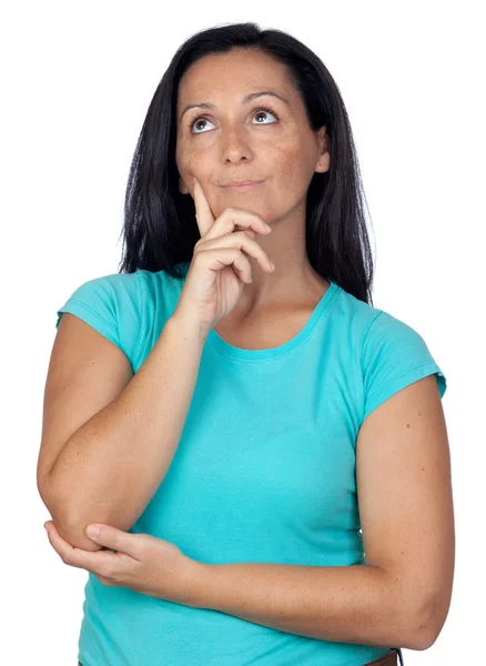 Pensive woman with blue t-shirt — Stock Photo, Image