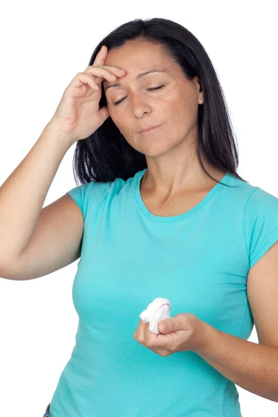 Mujer seria con dolor de cabeza y malestar —  Fotos de Stock