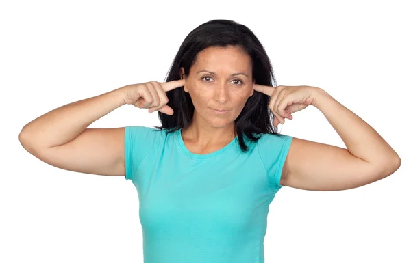 Mujer triste cubriéndose los oídos — Foto de Stock