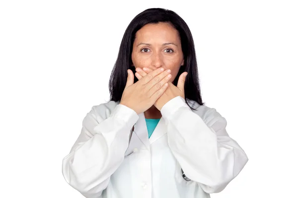 Brunetka lekarz obejmujące usta — Zdjęcie stockowe