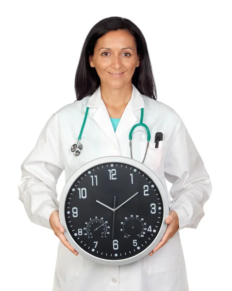 Adorável médico com um grande relógio — Fotografia de Stock