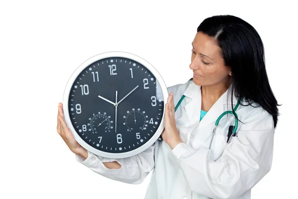 Urocza lekarz z dużym zegarem — Zdjęcie stockowe