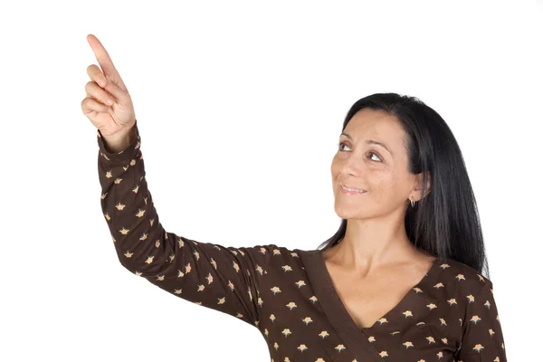 Attraente ragazza bruna che punta con il dito — Foto Stock