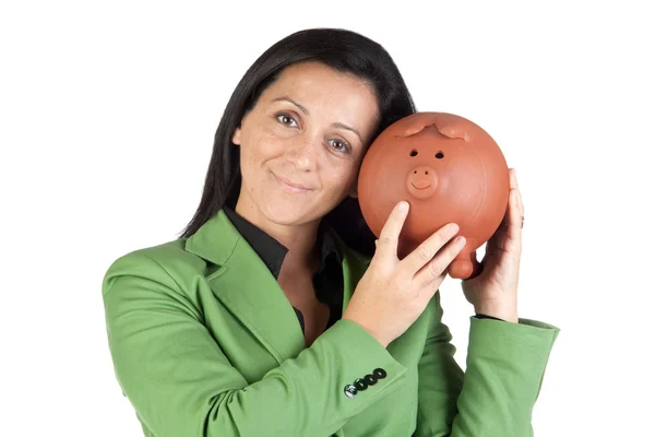 Mulher de negócios com uma caixa de dinheiro — Fotografia de Stock