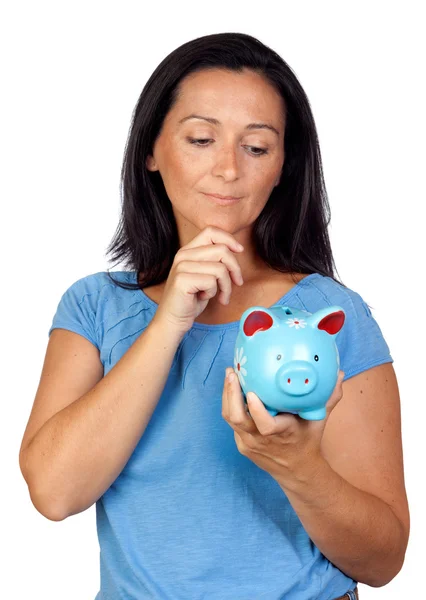 Mulher pensativa com uma caixa de dinheiro azul — Fotografia de Stock