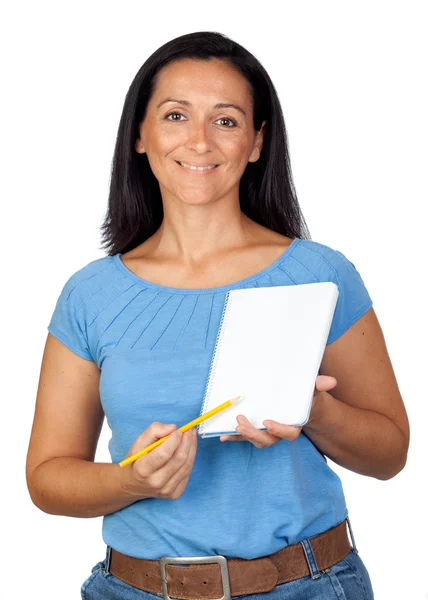 Brunetka dama wskazując notebooka — Zdjęcie stockowe