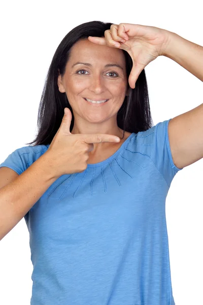 Mulher fazendo o gesto de focar o rosto — Fotografia de Stock