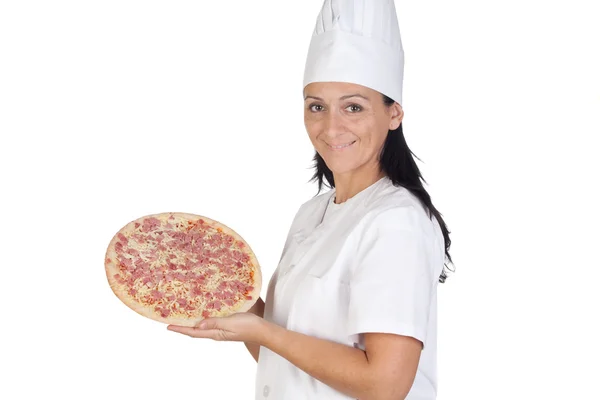 Dívka hezká kuchařka s lahodnou pizzu — Stock fotografie