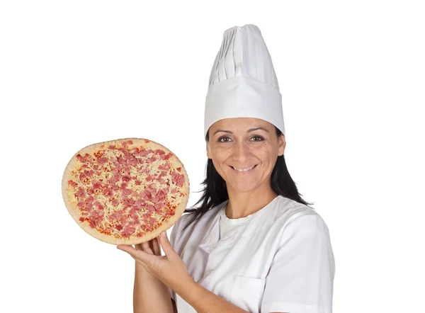 Guapa cocinera con una deliciosa pizza —  Fotos de Stock