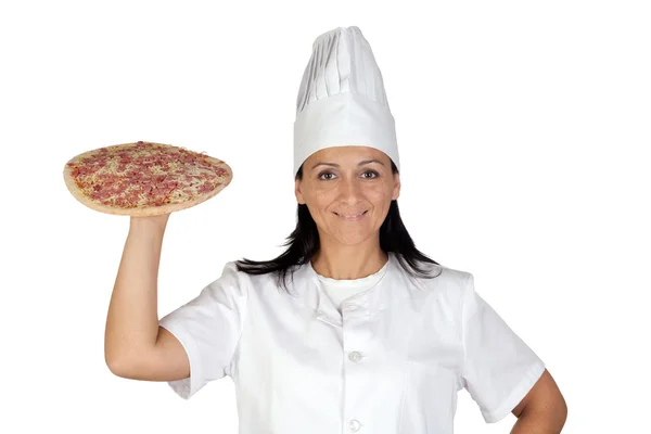 Menina cozinheiro bonita com uma deliciosa pizza — Fotografia de Stock