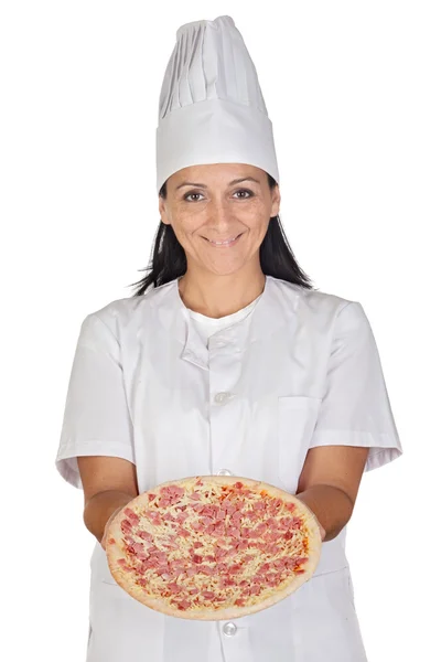 漂亮的厨师女孩与美味的比萨 — 图库照片