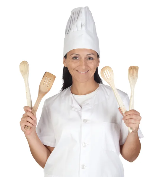 Menina cozinheiro bonita com panelas de madeira — Fotografia de Stock