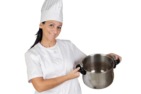 Guapa cocinera con una olla — Foto de Stock