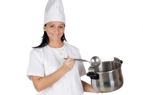 Menina cozinheiro bonita pensando com uma panela e concha — Fotografia de Stock