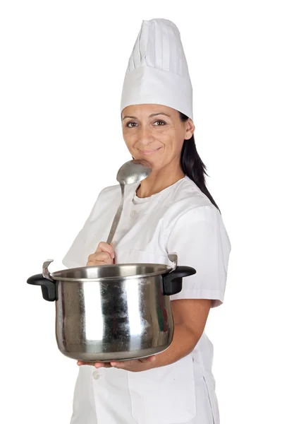 Vrij koken meisje denken met een pot en de pollepel — Stockfoto
