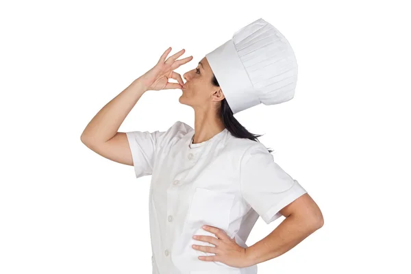 Dívka hezká kuchař říká lahodné — Stock fotografie