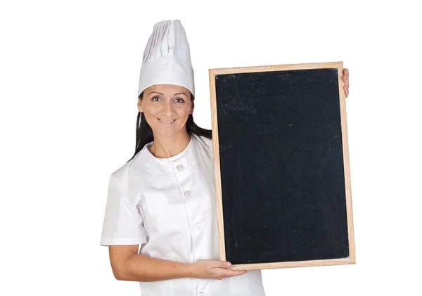 Bella cuoca ragazza con ardesia bianca — Foto Stock