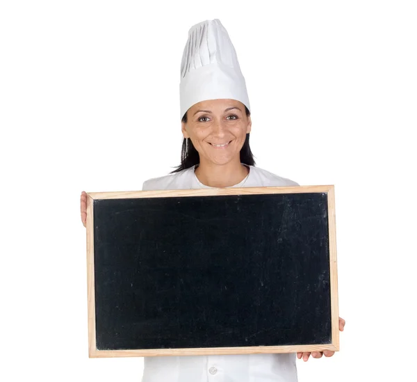 Boş tahta ile güzel aşçı kız — Stok fotoğraf