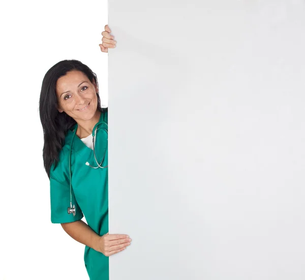 Gelukkig arts vrouw met een lege poster — Stockfoto