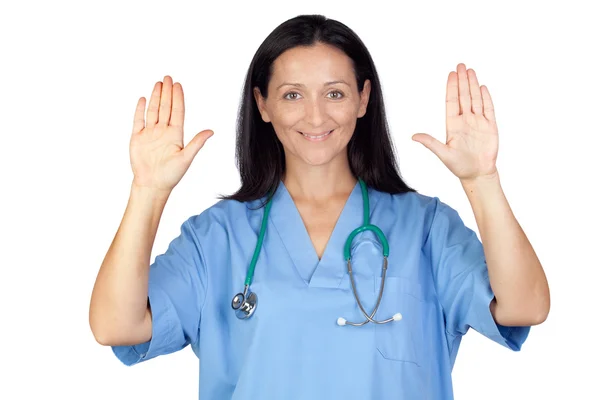 Doktor bruneta žena ukazující její ruce — Stock fotografie