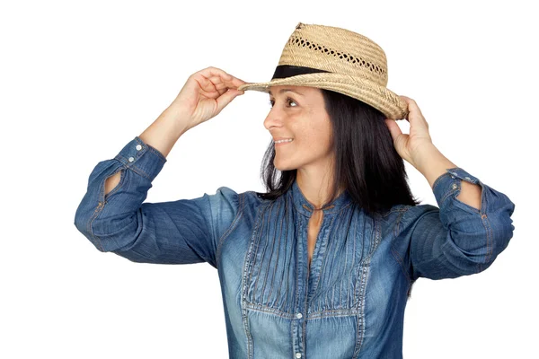 Schattig vrouw met stro hoed — Stockfoto