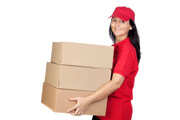 Morena distribuidor con uniforme rojo — Foto de Stock