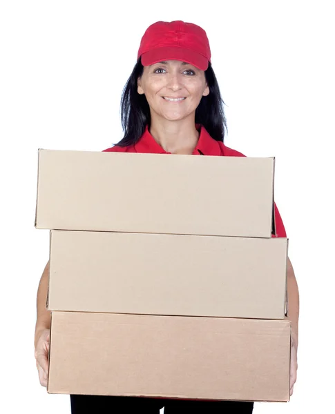 Bruna rivenditore con uniforme rossa — Foto Stock
