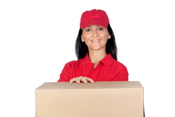 Brunett återförsäljare med röd uniform — Stockfoto