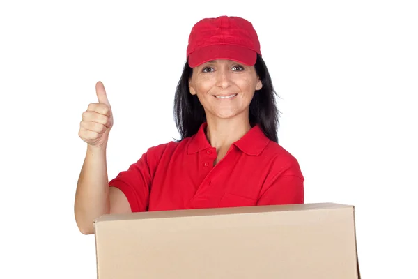 Brunette dealer with red uniform — Stock Photo, Image