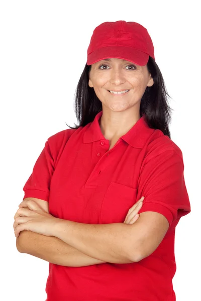 Brunette dealer met rode uniform — Stockfoto