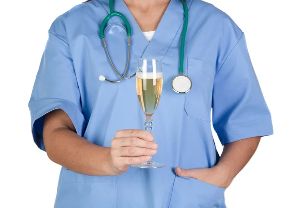 Anonim medical cu sticlă de șampanie izolată pe alb — Fotografie, imagine de stoc