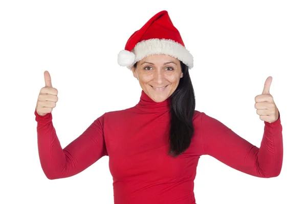 Beautiful girl with Christmas hat accepting — Stock Photo, Image