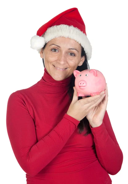 Beautiful girl with Christmas hat saving — Stock Photo, Image
