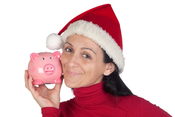 Menina bonita no Natal amando caixa de dinheiro — Fotografia de Stock