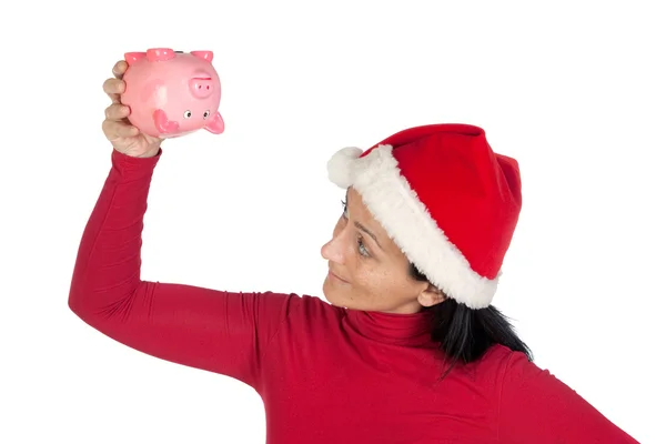 Meisje met Kerstmis spiegelen een piggy bank — Stok fotoğraf