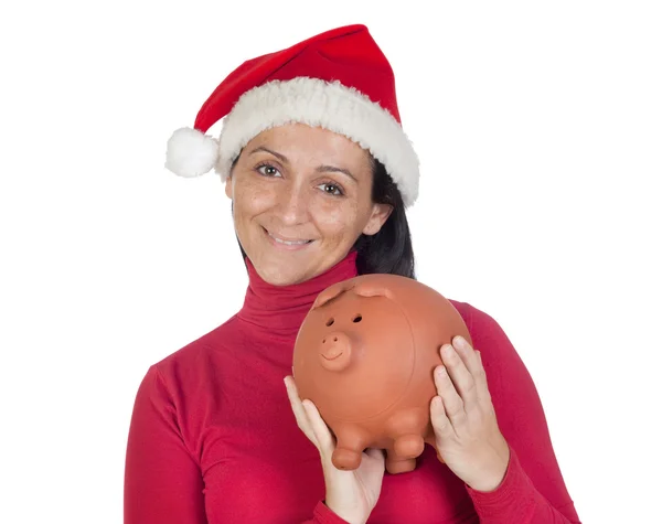 Beautiful girl with Christmas hat saving — Stock Photo, Image