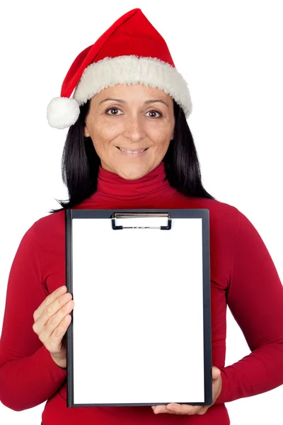 Schönes Mädchen mit Weihnachtsmütze und Klemmbrett — Stockfoto