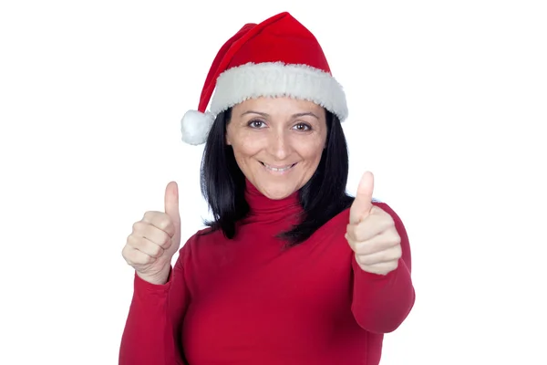 Vacker flicka med jul hatt säger ok — Stockfoto