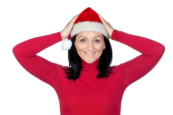 Удивлённая девушка в рождественской шляпе — стоковое фото