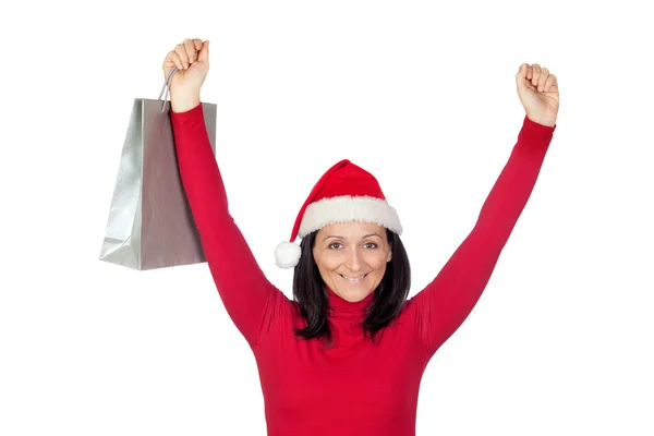 Menina vencedora com chapéu de Natal vai às compras — Fotografia de Stock