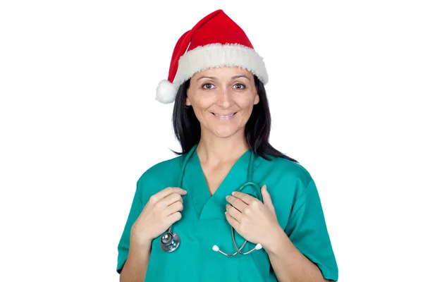Приваблива лікарка з різдвяним капелюхом — стокове фото