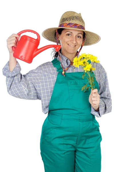 Attraente donna felice vestita giardiniere — Foto Stock